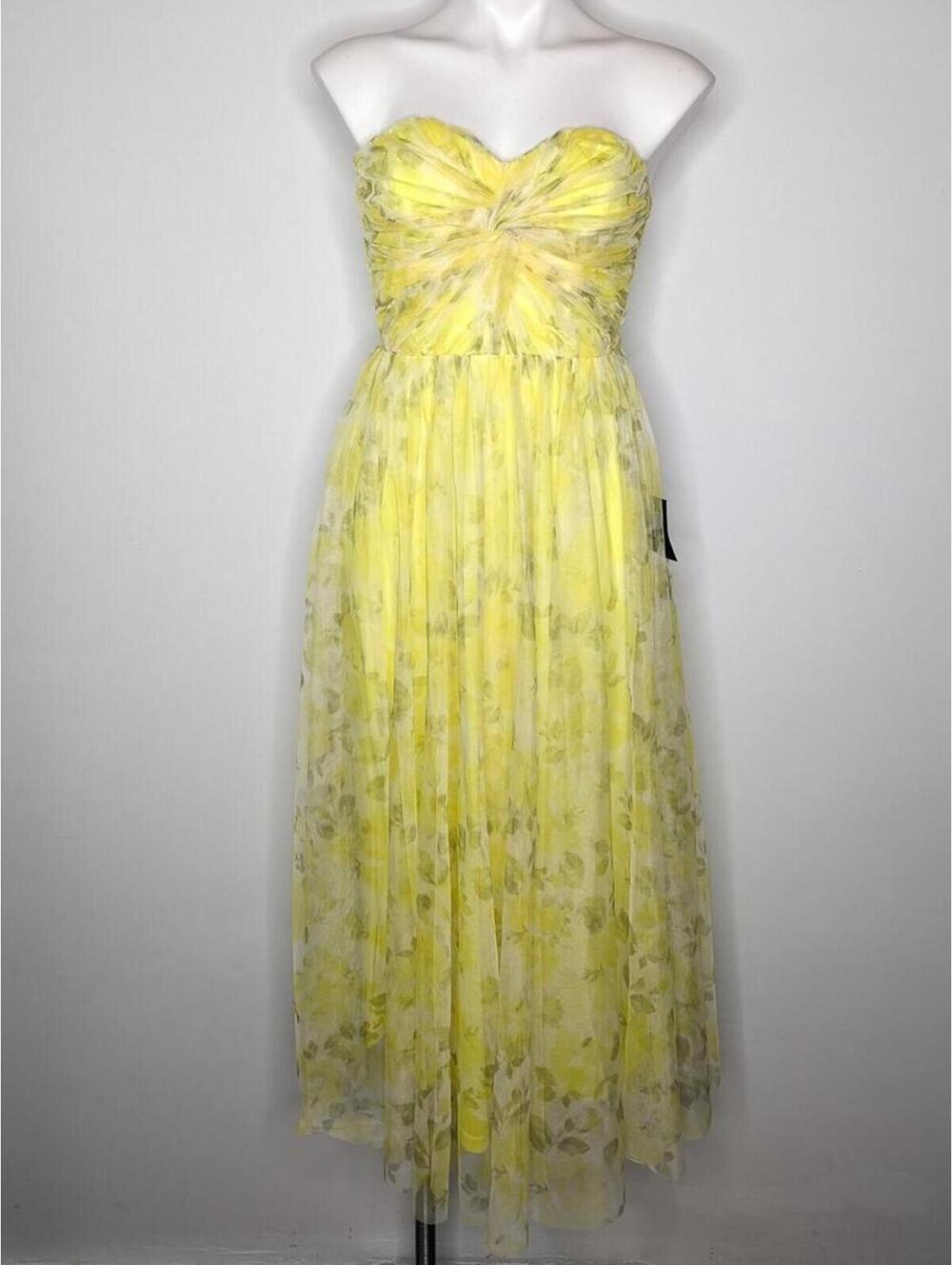 NWT Lulu's Yellow Strapless Floral Chiffon Sweatheart Neck Dress M